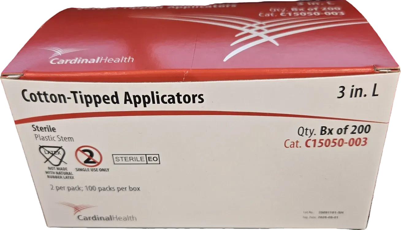 Cotton-Tipped Applicators, Plastic Stem 3", Pack of 2, Sterile - Box of 100