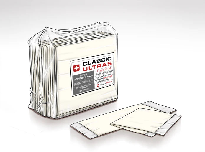 Classic Ultras Super Absorbent Pads, Non-Sterile 17cm x 40cm - Bag of 20
