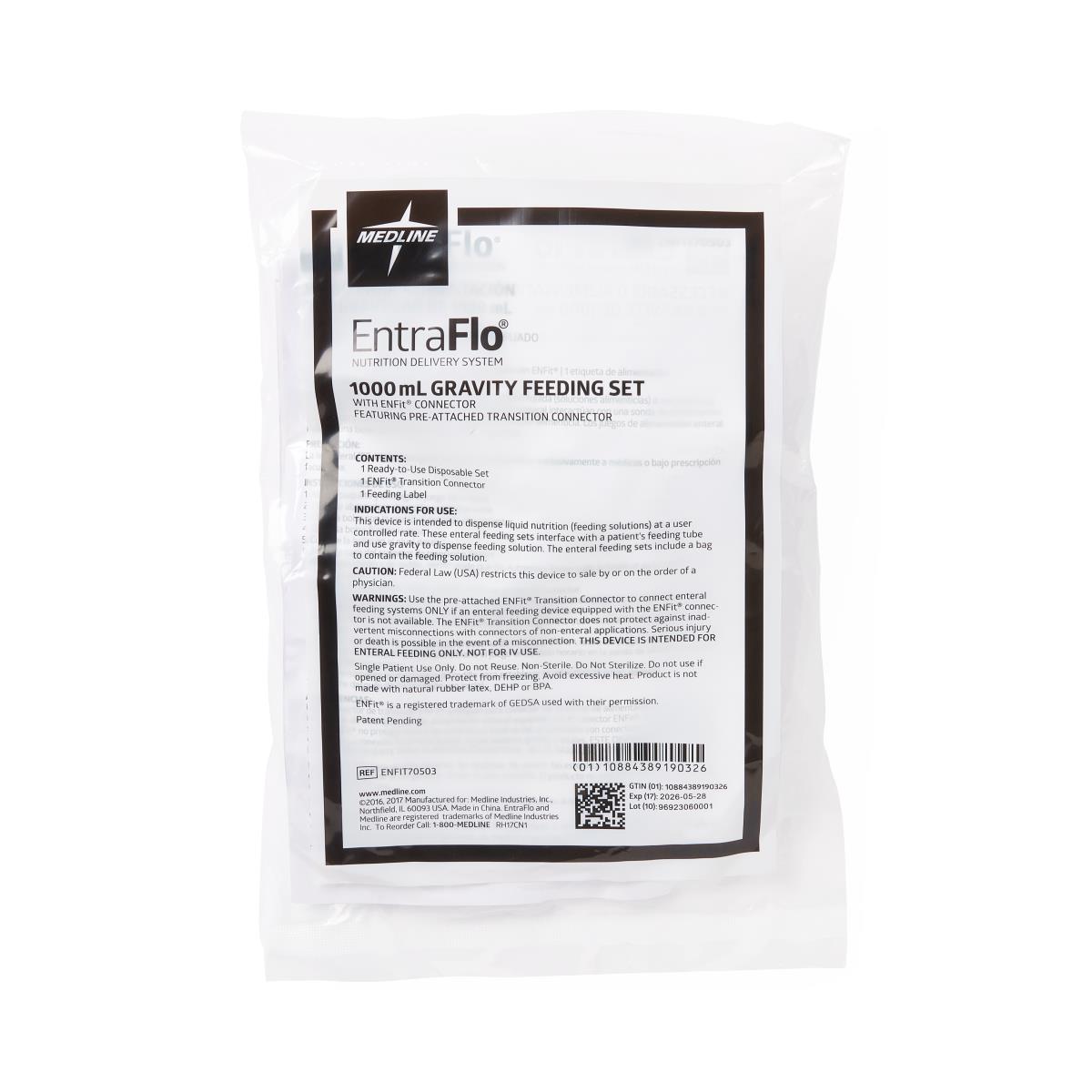Entraflo Gravity Admin Feeding Set W/ 1000ml Bag & Attached Enfit Transitional Tube Connector - Box of 30