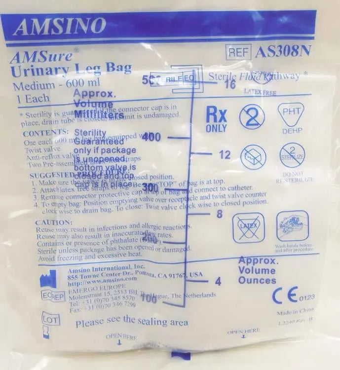 SOU UR308N EA/1 LEG BAG MEDIUM 600ML WITH LEG STRAPS AND TWIST TYPE DRAINAGE VALVE LATEX-FREE