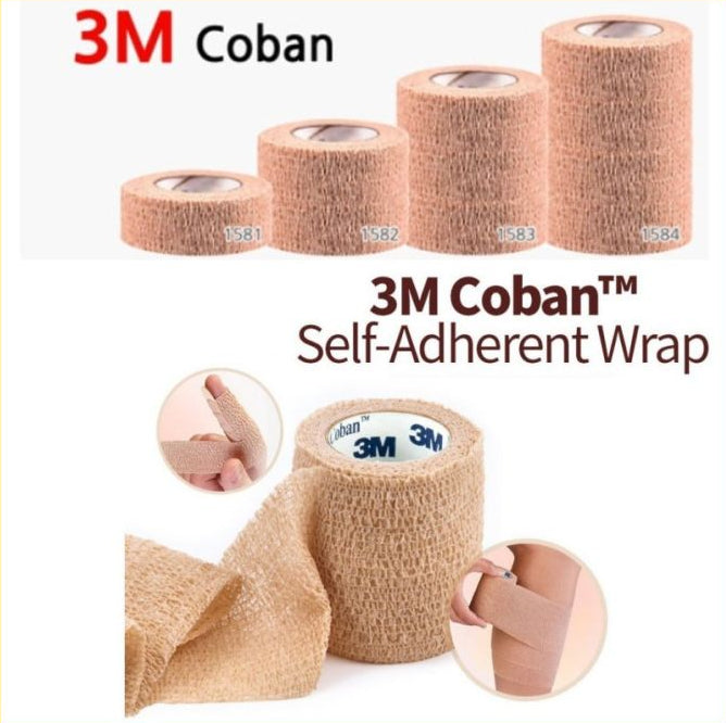 ThreeM Coban self-adherent wound dressing tape shown in multiple wound sizes and a rolled unrolled section, with inset circular images demonstrating application on skin. The image has a yellow border and text reading '3M Coban' and '3M Cobanâ„¢ Self-Adherent Wrap'.