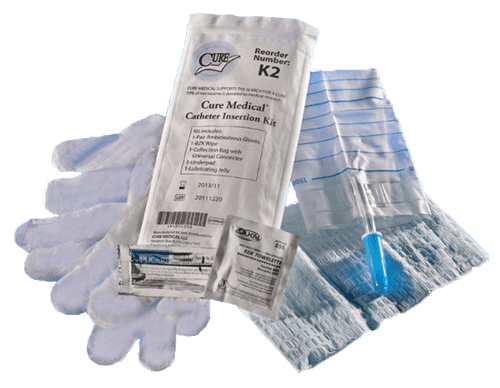 CURE K2 (CS/100) EA/1 CURE CATH INSERTION KIT, BZK WIPE, GLOVES, UNDERPAD & COLLECTION BAG W/ CONNECTOR