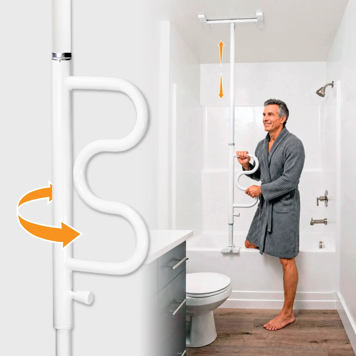 Wonder Bathtub Pole Plus - With Pivoting Curve Grab Bar - White