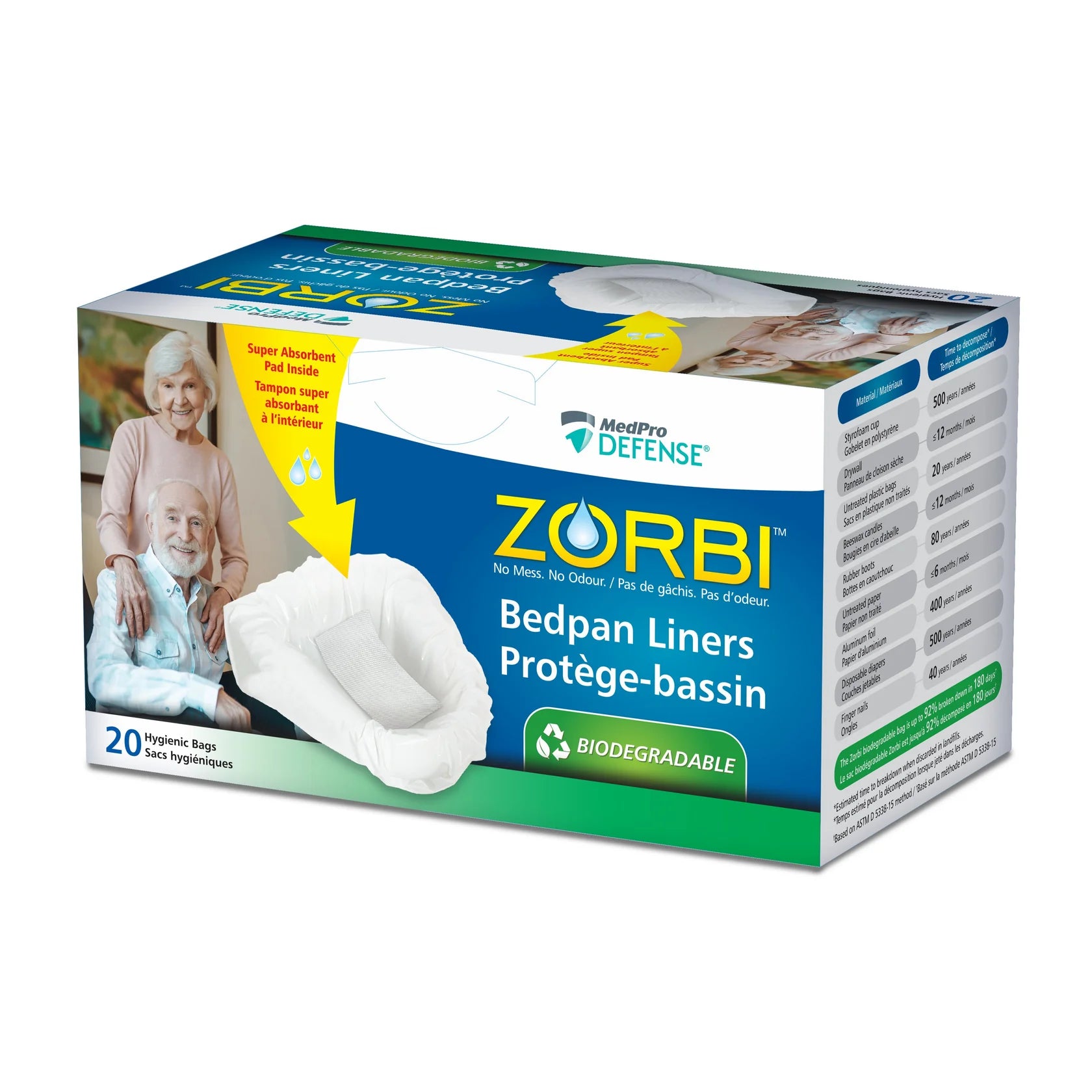 Zorbi Biodegradable Bedpan Liners W/Drawstring Closure & Powder Pad (23.6" X 15.75") - Box Of 20