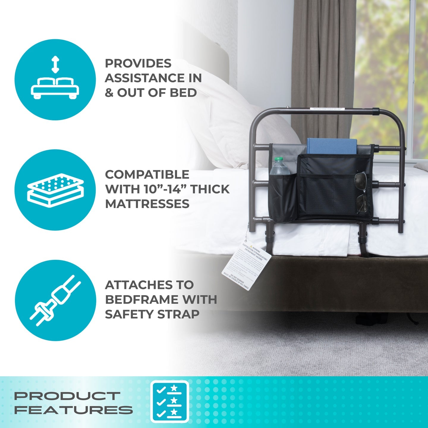 Barrière de lit à réglage Ez, hauteur 23 po, largeur réglable 26 po-34 po-42 po, plafond de poids 400 lb (non retournable) - Ea/1