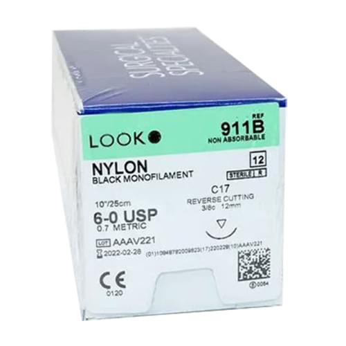 LOOK" NYLON, 6-0, BLACK, 25CM, C17, 3/8 CIRCLE, REVERSE CUTTING, 12MM