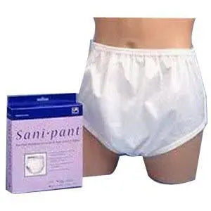 SAL 850L EA/1 SANI-PANT MOISTURE-PROOF REUSABLE PULL-ON COVER-UPS WHITE LG (38--44") UNISEX PLASTIC-COATED NYLON