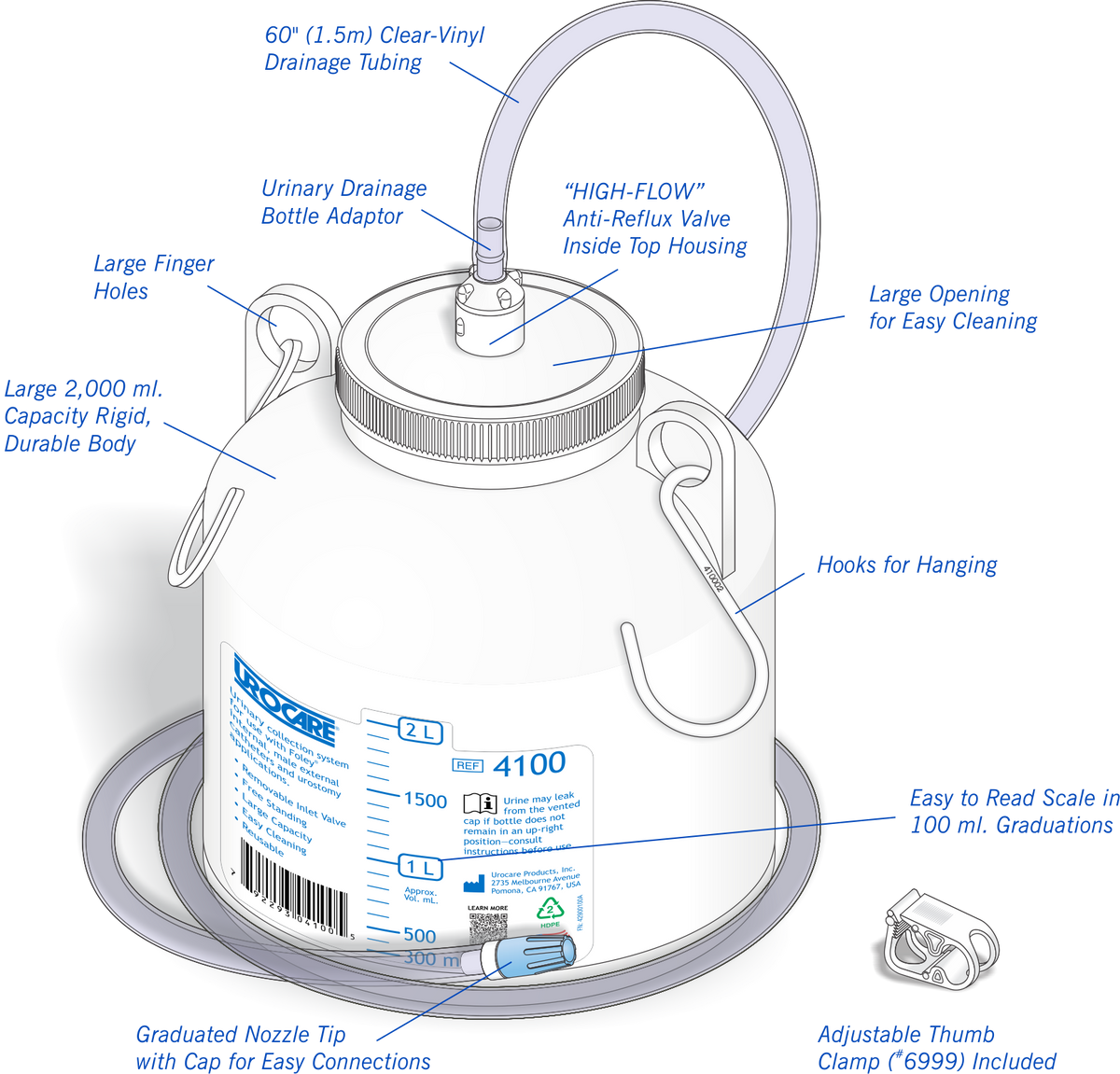 Urinary Drainage Bottle, Size Large 2000ml, 60in Tubing