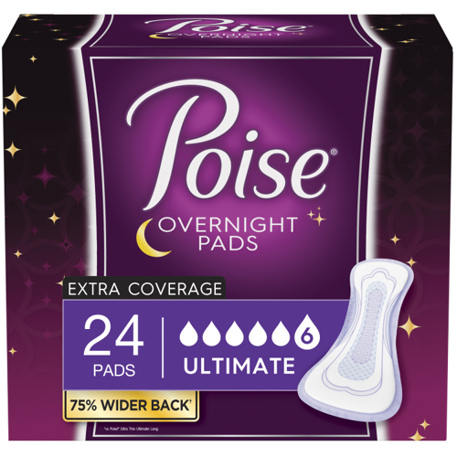 PKG/24 POISE ORIGINAL OVERNIGHT EXTRA COVERAGE NON-WINGED PADS CONVENIENCE