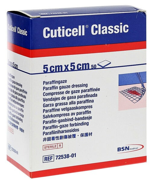 Cuticell Classic Non-Adh Dressing Impregnated W/Paraffin 5cm X 5cm (Hospital Pack) - Box Of 50 - Home Health Store Inc