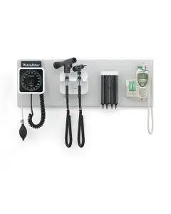 WA 77792-M EA/1 WELCH ALLYN GREEN SERIES 777 DIAGNOSTIC WALL BOARD W/ COAXIAL OPTH SCOPE & COAXIAL OPTH SCOPE & ANEROID BP ANROID & KLEENSPEC DISPENSER