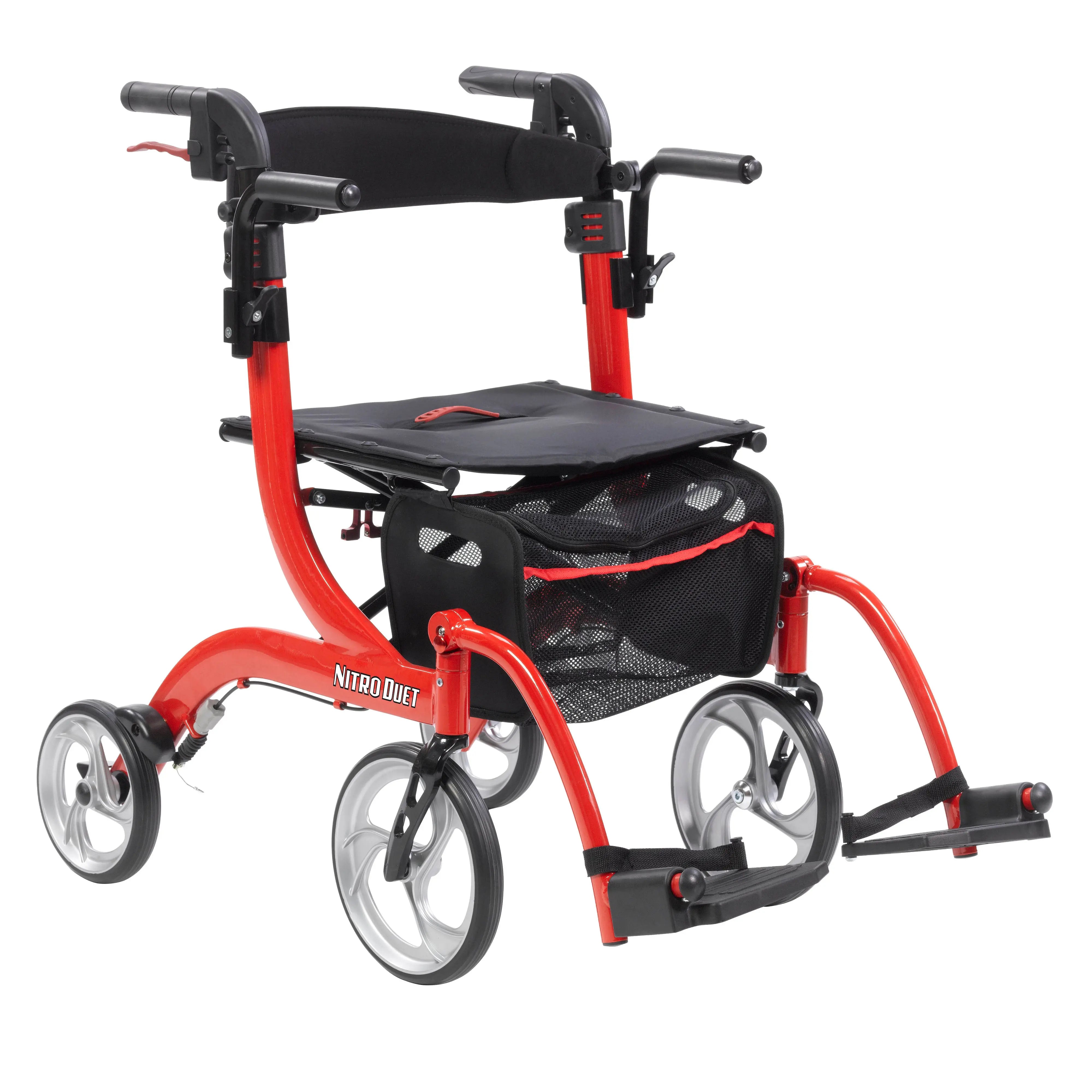 Nitro Duet Dual Function Transport Wheelchair and Rollator Rolling Walker, Red - Home Health Store Inc