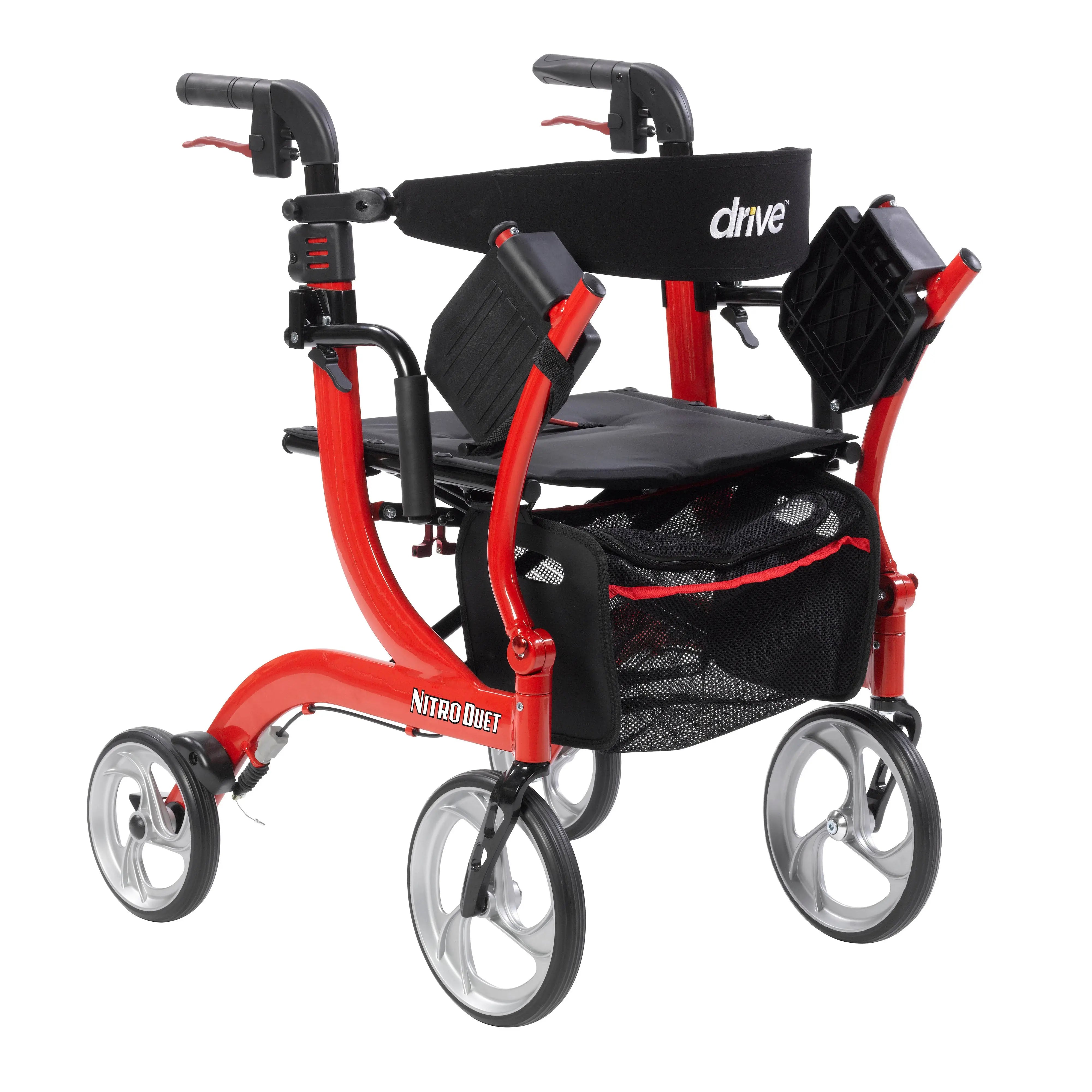 Nitro Duet Dual Function Transport Wheelchair and Rollator Rolling Walker, Red