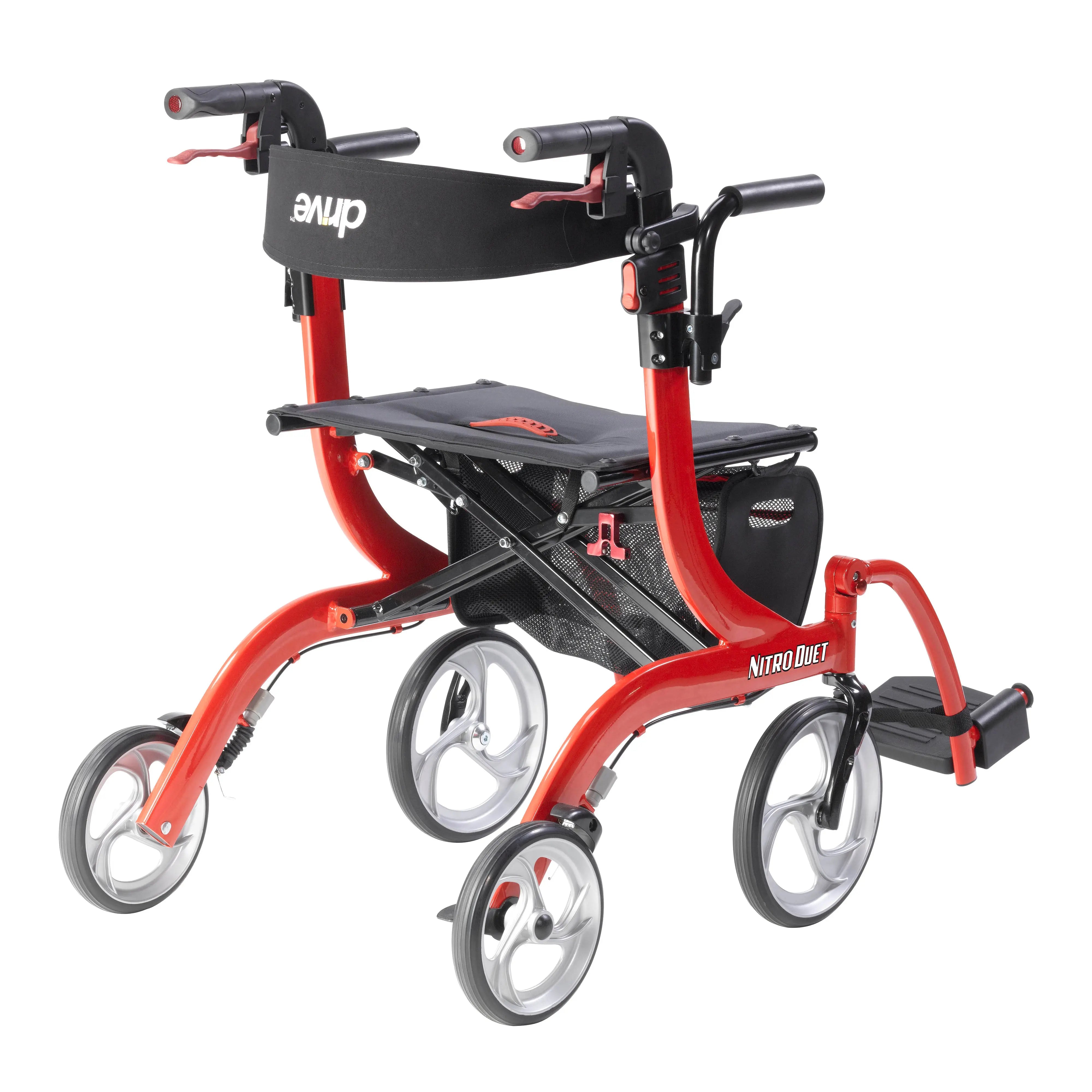 Nitro Duet Dual Function Transport Wheelchair and Rollator Rolling Walker, Red
